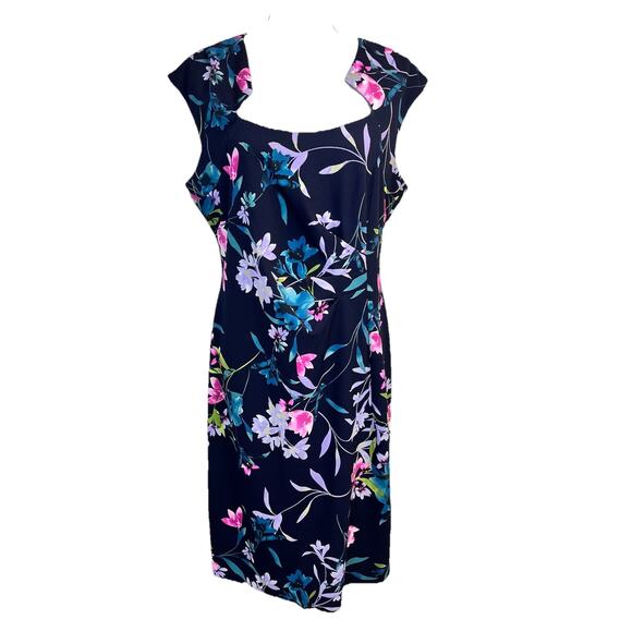 connected apparel Dresses & Skirts - Connect Apparel Dress size 14 Navy Blue Pink Floral Stretch Knee Wedding Church